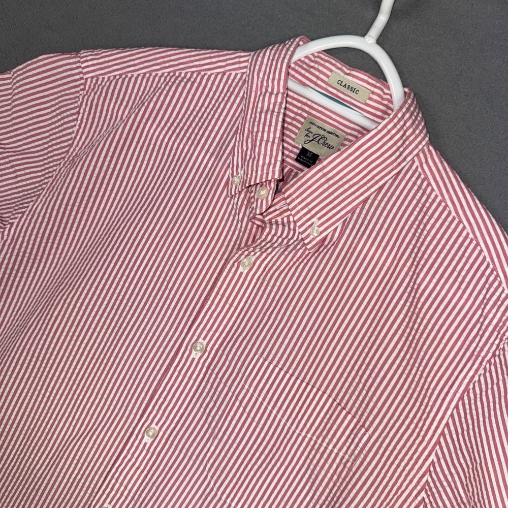 J.Crew Shirt Mens Medium Pink Stripe Classic Seersucker Short Sleeve Button Down